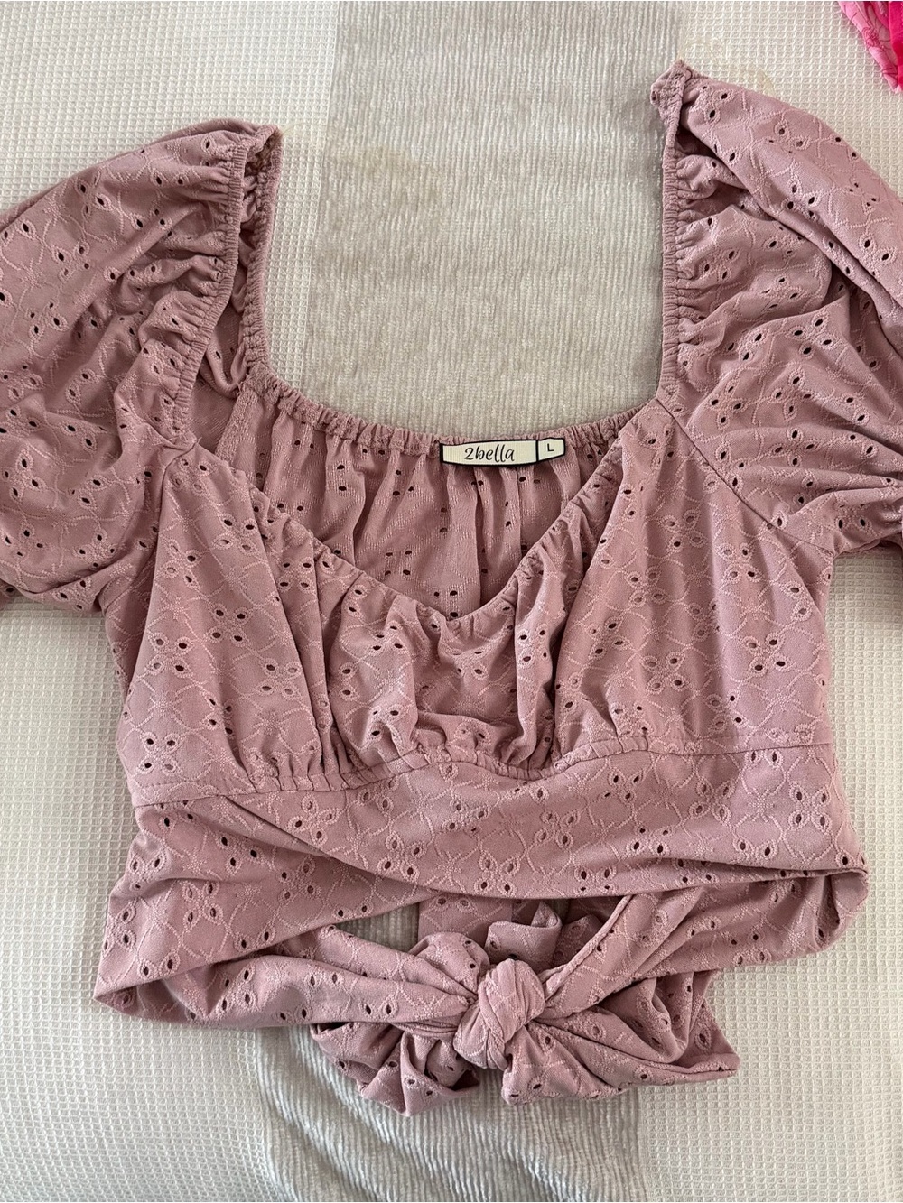 2bella Dusty Mauve Eyelet Tie-Front Puff Sleeve Crop Top